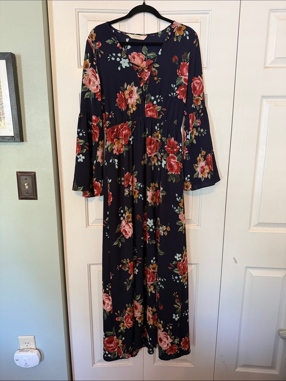 Navy Floral Maxi Dress with Bell Sleeves